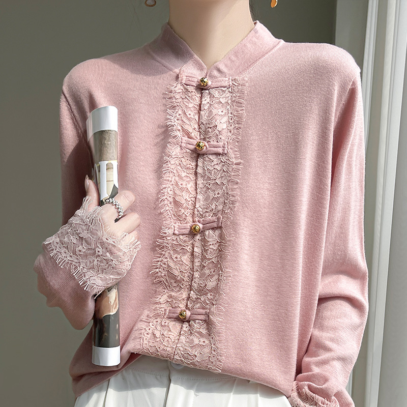 中国风立领打底衫女蕾丝拼接盘扣宽松长袖外穿气质百搭针织衫内搭