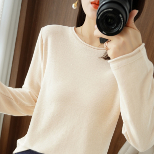 上衣 套头毛衣宽松条纹卷边舒适打底衫 100%纯棉线针织衫 女圆领长袖