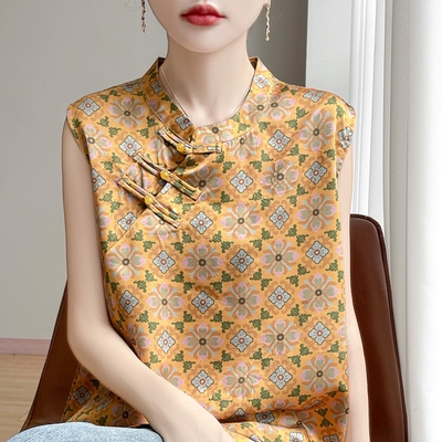 春夏圆领花色中长款无袖背心女宽松显瘦国风新中式盘扣上衣套头潮