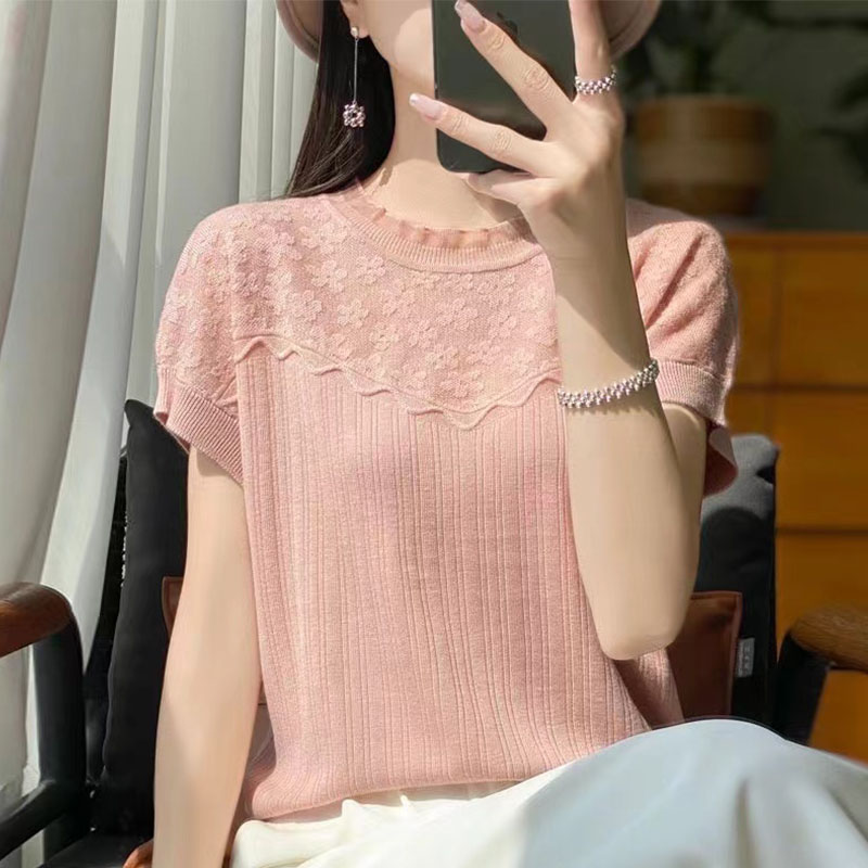 白色短袖t恤女2024新款小香风别致立体钩花夏季蕾丝冰丝针织上衣