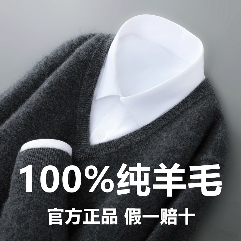 100%纯羊毛衫秋冬季男v领毛衣宽松休闲套头鸡心领打底针织衫新款