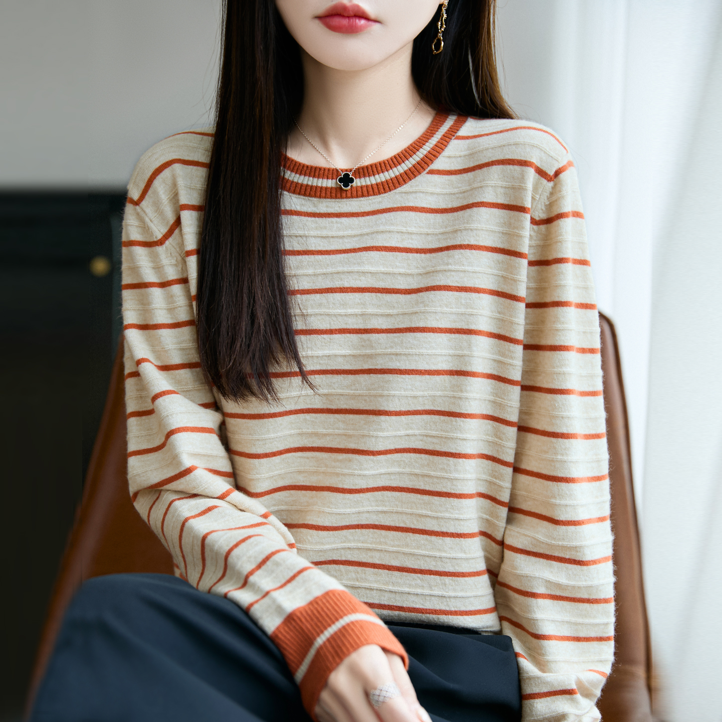 法式纯羊毛衫女圆领条纹