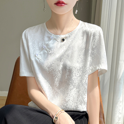 国风真丝短袖上衣t恤女2024夏季薄款新中式简约衬衫缎面提花T恤衫