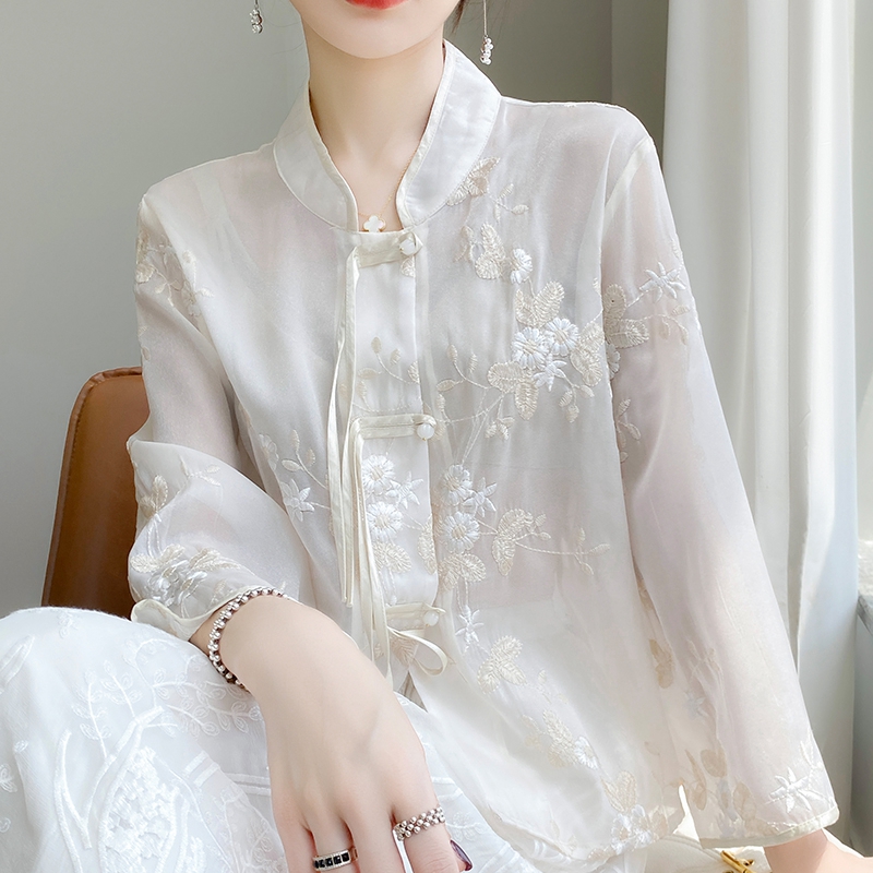 2025夏季新款立领刺绣雪纺衬衫女短袖中国风复古盘扣薄款衬衣上衣