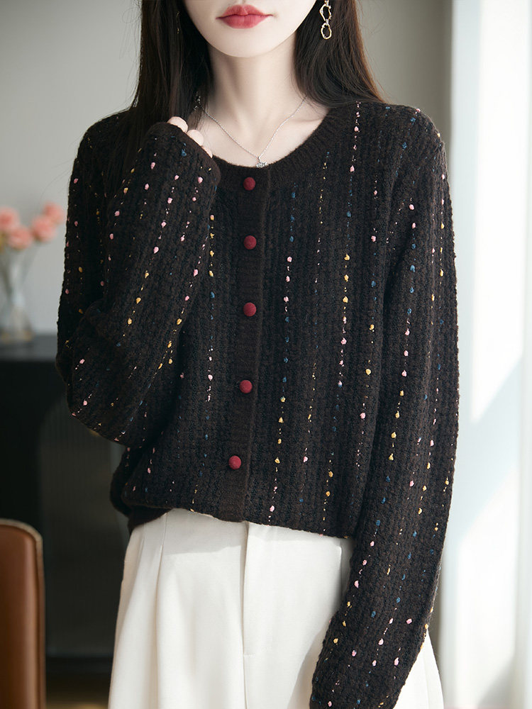MONLOUVE超美巨好看彩点厚款针织开衫外套上衣圆领彩色韩系小香风