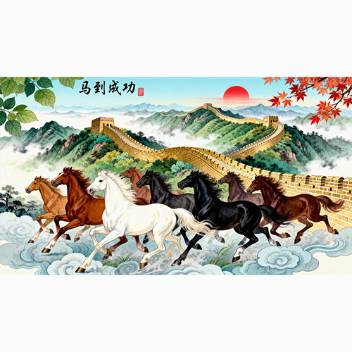 新中式八骏雄风长城马到成功装饰画客厅无框自粘贴纸画