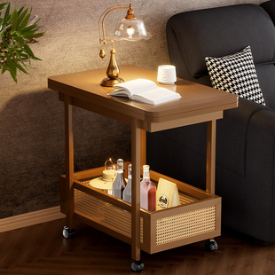 可移动边几折叠茶几客厅沙发边柜家用小桌子中古风实木小户型推车