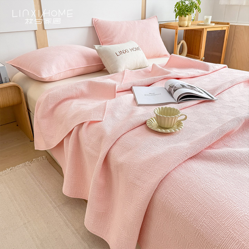 林夕·素方格 全棉绗缝床盖三件套 四季可用纯棉纯色三色榻榻米