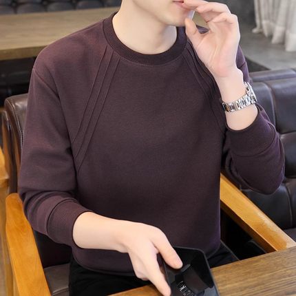 欧版男士加绒卫衣潮圆领内搭打底衫春秋冬季2025新款长袖T恤上衣