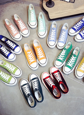 帆布鞋女生低帮墨绿色学生韩版百搭原宿板鞋夏款高帮布鞋黑色黄色