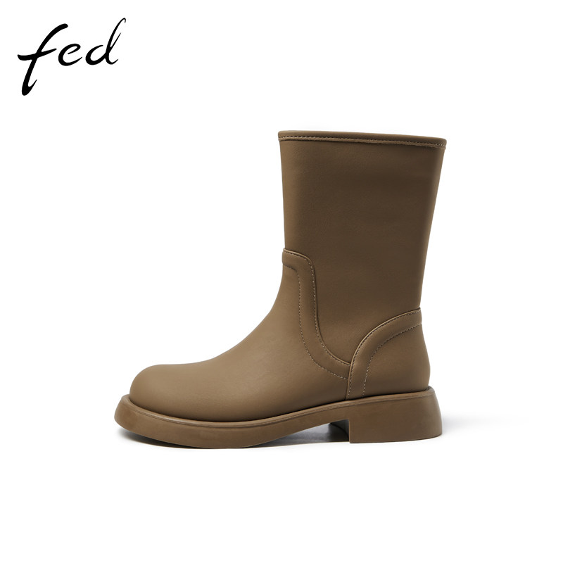 fed平底短靴冬季新款靴子气质女士纯色经典复古瘦瘦靴BWB515