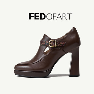 鞋 女玛丽珍时装 女 秋尖头防水台粗高跟深口单鞋 fed羊皮女鞋