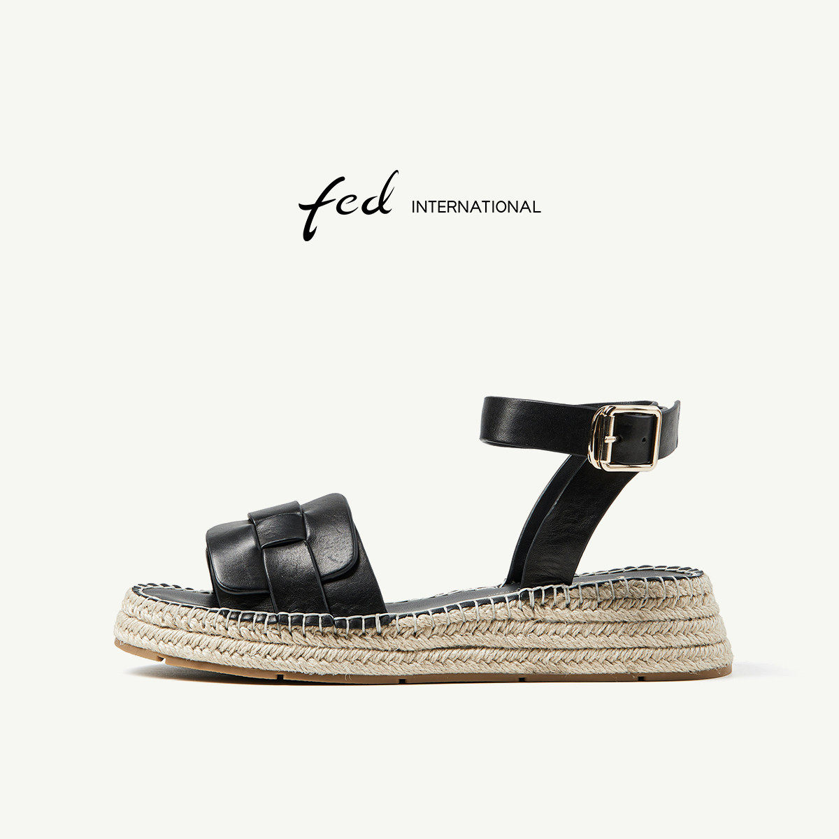fed高级感水洗马皮女凉鞋夏真皮编麻绳平底厚底一字带罗马凉鞋女