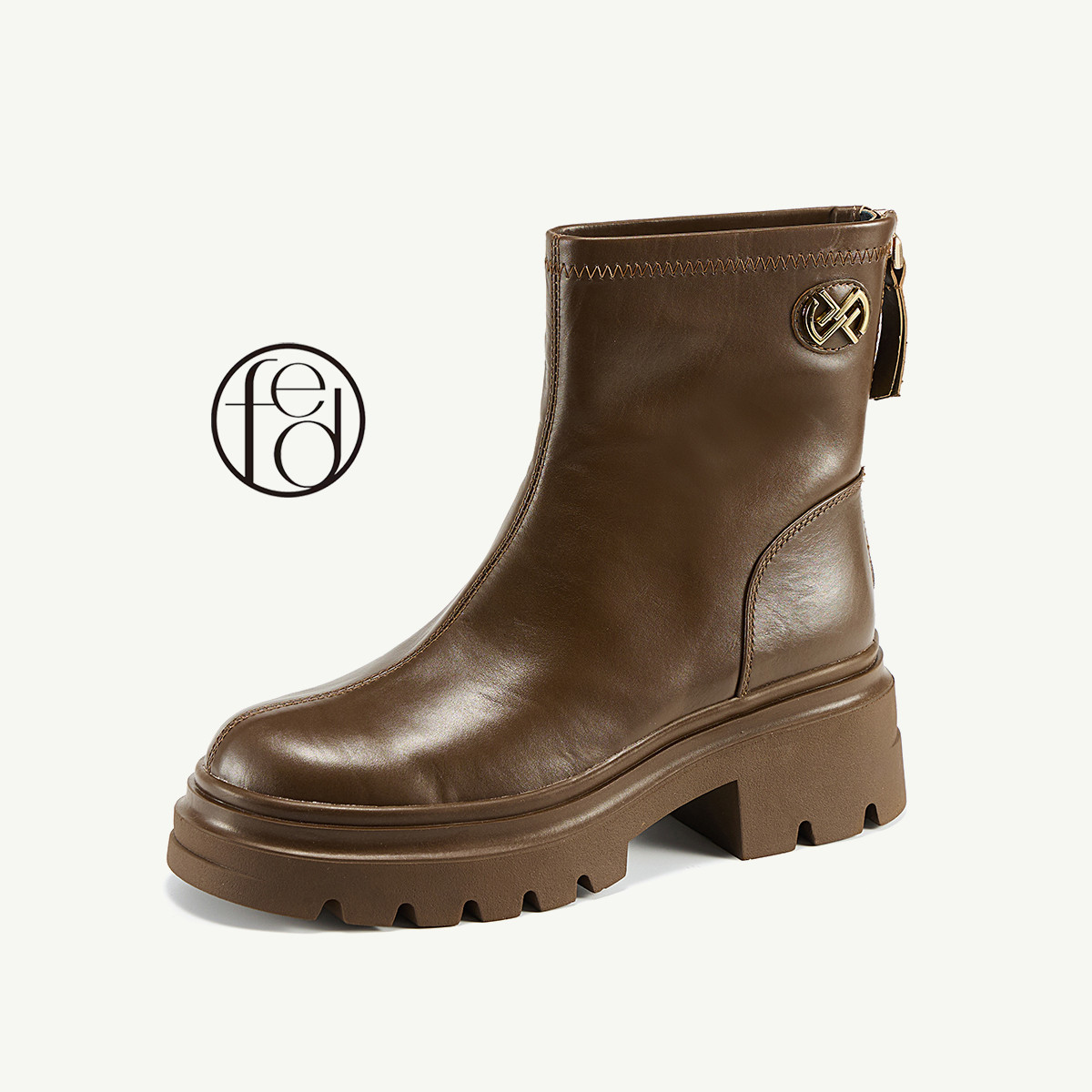 fed秋冬真皮复古粗跟靴子女短靴瘦瘦靴切尔西靴马丁靴女