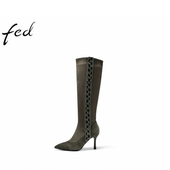 FED长靴冬季 YAB332 靴瘦瘦靴女1022 新款 靴子反绒细跟显瘦百搭时装
