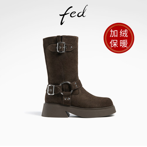 fed粗跟时装靴冬季新款靴子加绒中筒靴绒面骑士靴女R1220-ZFA925