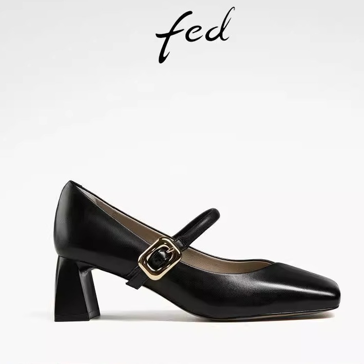 FED方头单鞋春季新款女鞋职业通勤鞋粗跟玛丽珍鞋女款D0306-ZF066