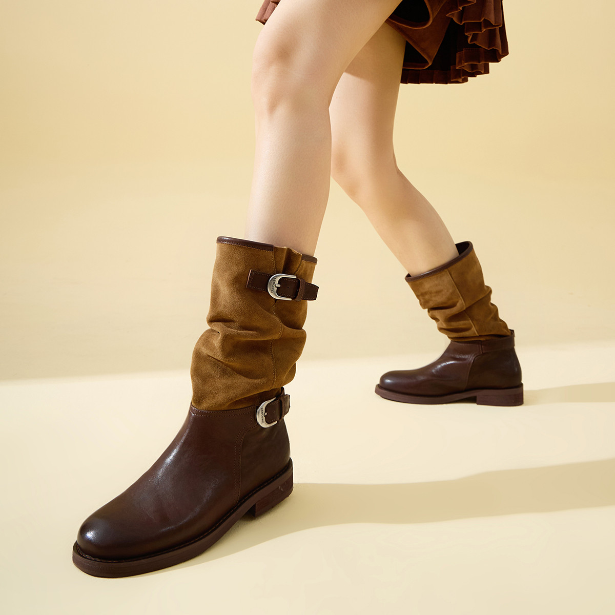fed真皮复古秋冬粗跟靴子女靴高筒靴西部靴褶皱堆堆靴时装靴女
