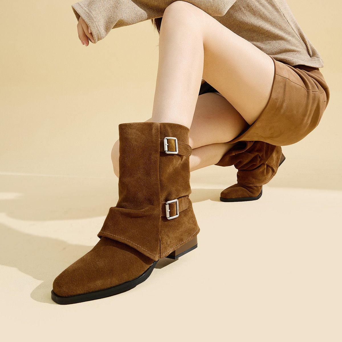 fed高丝光反绒冬季真皮粗跟靴子女靴中筒靴骑士靴西部靴裤管靴女