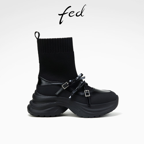 fed玛丽珍袜靴女冬季新款女靴黑色瘦瘦靴厚底短靴女款D0928-ZC838