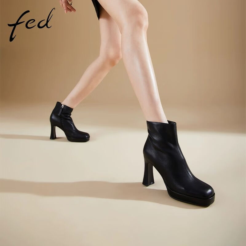 FED高跟靴冬季新款靴子女士皮靴瘦瘦靴时装靴粗跟短靴1117-YA518