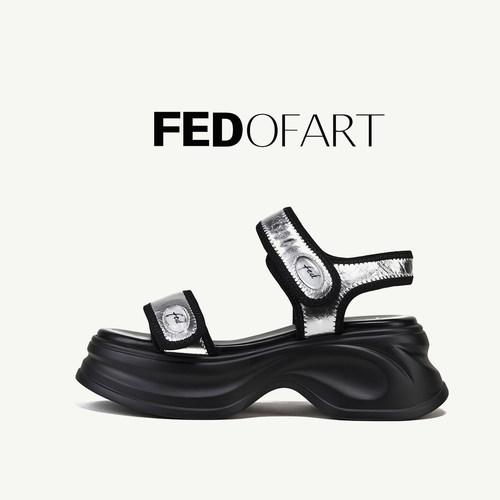 fed女凉鞋夏季新款复古真皮松糕厚底魔术贴休闲运动罗马凉鞋女