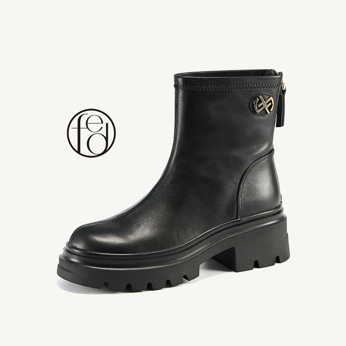 fed 秋冬真皮复古粗跟靴子女短靴瘦瘦靴切尔西靴马丁靴女