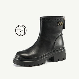 fed 秋冬真皮复古粗跟靴子女短靴瘦瘦靴切尔西靴马丁靴女