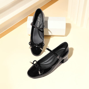 通勤玛丽珍鞋 真皮圆头浅口百搭中跟单鞋 女 秋季 fed女鞋