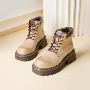 fed秋冬真皮磨砂复古粗跟靴子女靴短靴马丁靴大黄靴女