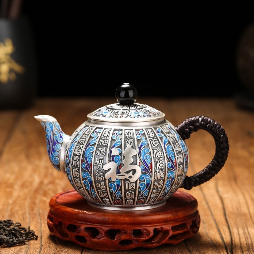银壶珐琅彩纯银茶具全套999银烧水壶手工银杯子银茶壶足银茶具