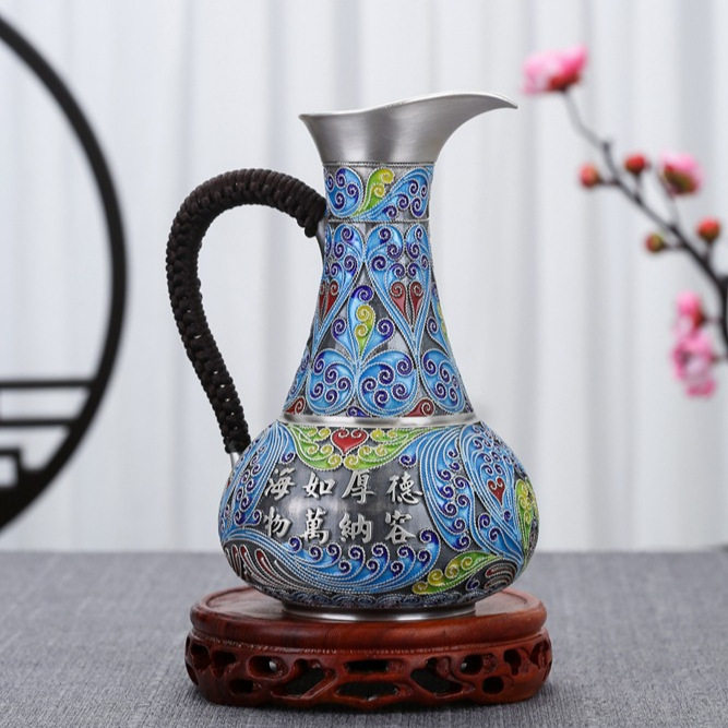 珐琅纯银999酒具套装家用酒盅酒壶中式白酒一口杯足银分酒器家用