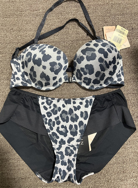 衣恋旗下EBLIN银色S54前扣聚拢性感豹纹女士文胸套装ECBR649N31