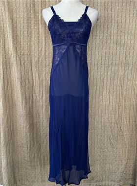 衣恋旗下EBLIN 正品藏青蕾丝优雅性感家居服睡裙ECFL835S11