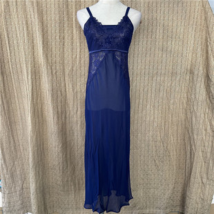 衣恋旗下EBLIN 正品藏青蕾丝优雅性感家居服睡裙ECFL835S11