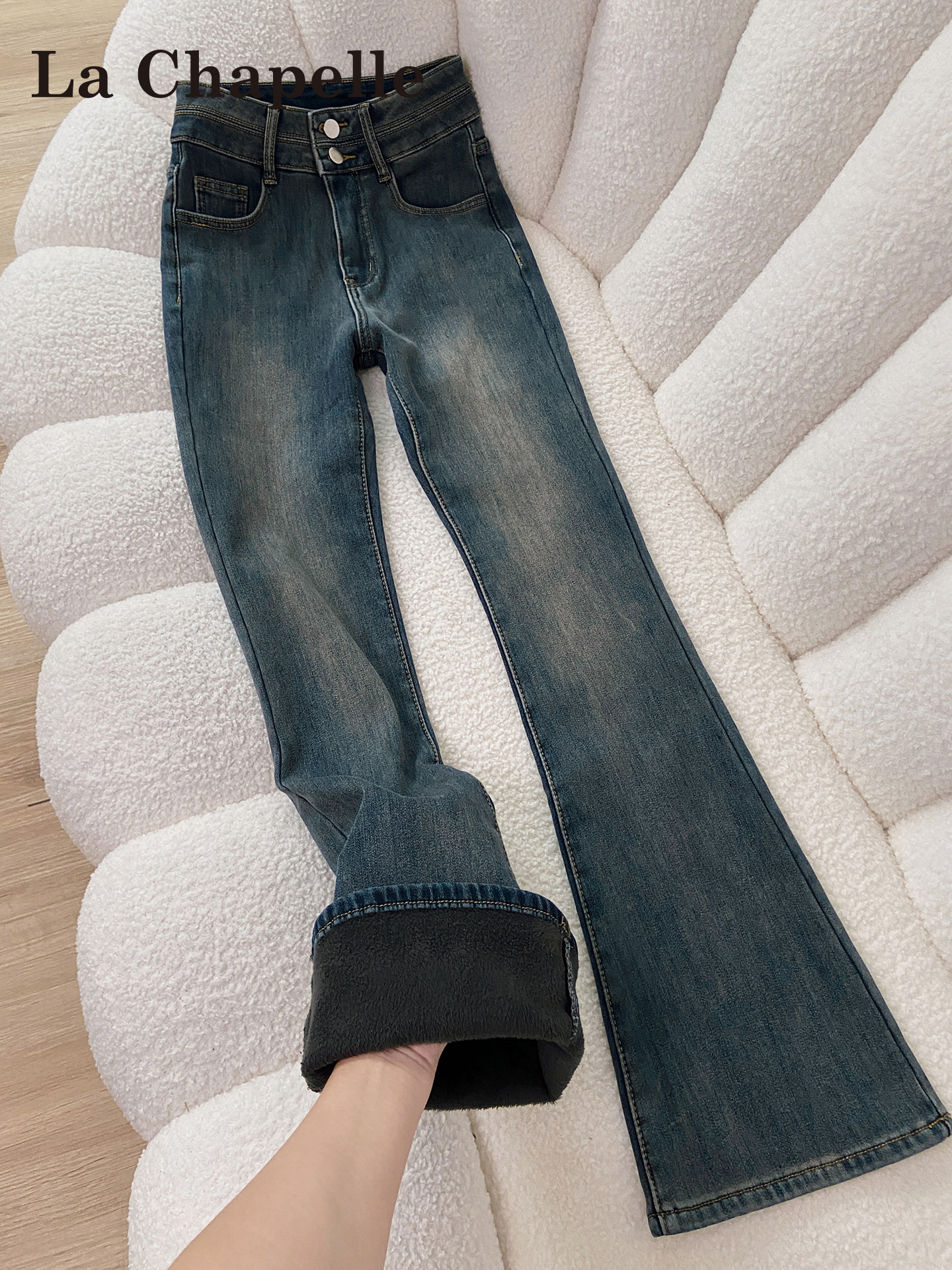 Lachapelle fleece non-fitted retro flared jeans for women, 2025 new autumn and winter high-waisted bell-bottoms