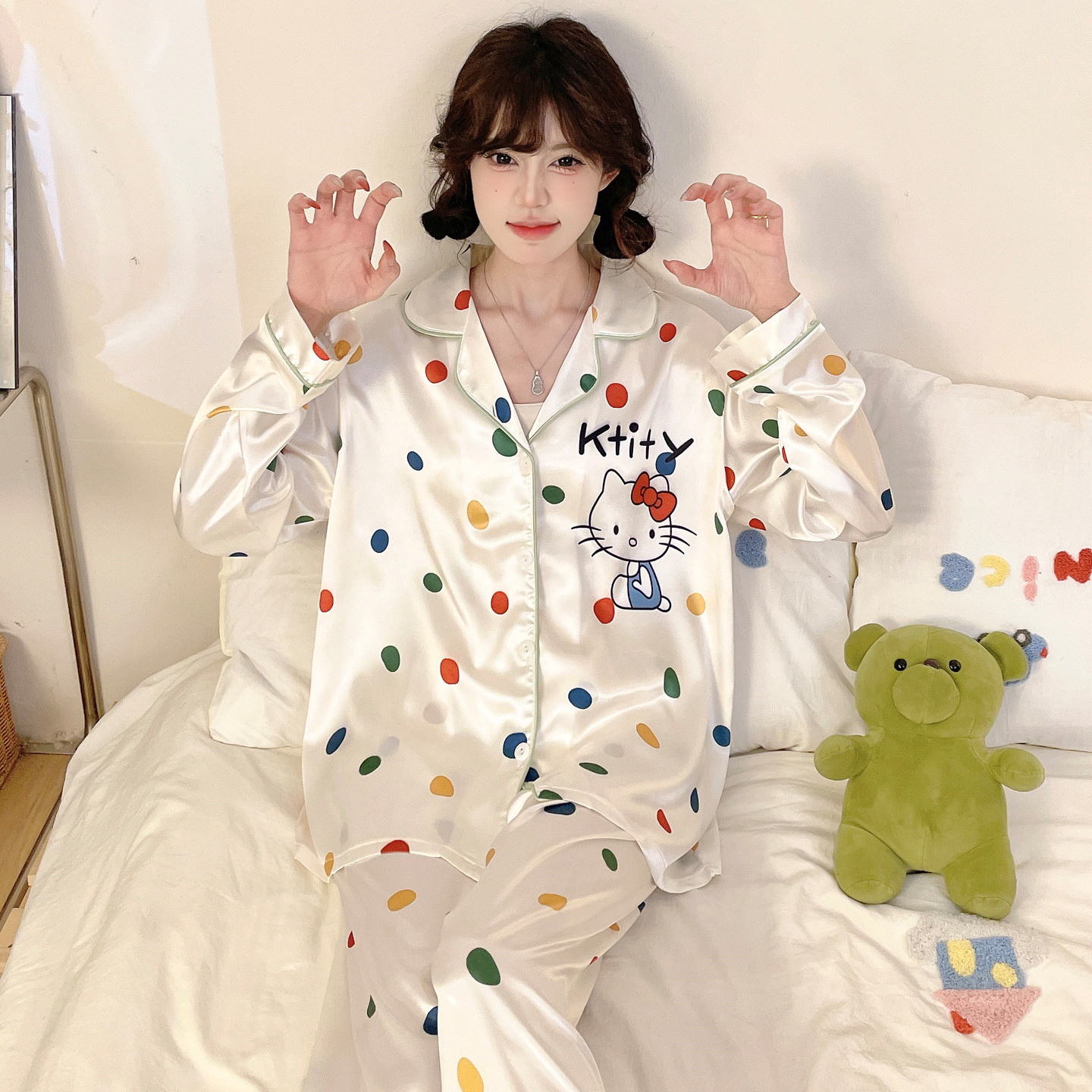 网红冰丝睡衣女中大童春秋薄款长袖凉感空调女孩初中生kt猫家居服,童装/婴儿装/亲子装,家居服套装,淘宝优惠券,粉丝福利购,淘宝优惠卷