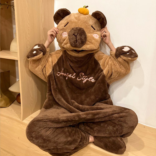 搞怪卡通连体睡衣男大童冬季加厚法兰绒青少年学生卡皮巴拉家居服