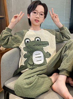 儿童空气棉夹层睡衣男童秋冬卫衣套装恐龙中大童男孩青少年家居服