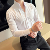 网红V领衬衫男长袖薄款潮流帅气修身休闲立领痞帅条纹衬衣C12-P68，男装衬衫，电商C308