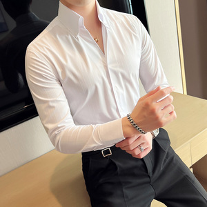 网红V领衬衫男长袖薄款潮流帅气修身休闲立领痞帅衬衣C12-P68，男装衬衫，电商C308