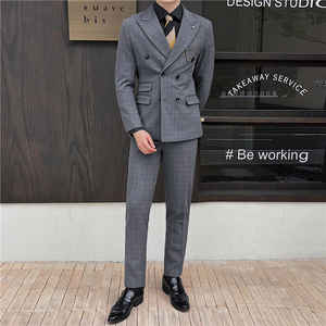 英伦修身男士双排扣格子西服三件套新郎伴郎礼服套装SJT920-P300