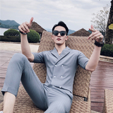 23春夏款英伦条纹中袖双排扣衬衫+九分裤套装LJT238-P135，男装衬衫，电商C308