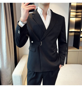 春季 英伦修身男士西装 韩版休闲斜扣西服外套咖啡色X908-P150图片