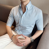 雅痞青年个性网红V领衬衫男中袖帅气修身休闲立领痞帅衬衣C08-P68，男装衬衫，电商C308