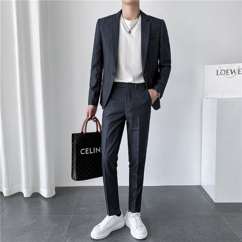 ins轻熟风韩版修身男士休闲一粒扣条纹西服套装LJT903-P205，男装西服套装，电商C308
