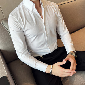网红V领条纹衬衫男长袖薄款潮流帅气修身休闲立领痞帅衬衣C12-P68图片