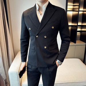 华夫格西装两件套男士套装 双排扣休闲西服套装咖啡色LJT906-P225图片
