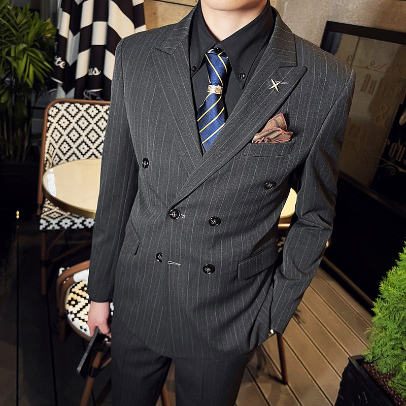 韩版修身男士双排扣条纹西服三件套新郎伴郎套装深灰色SJT29-P280，男装西服，电商C308