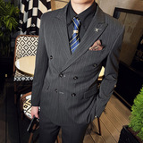 韩版修身男士双排扣条纹西服三件套新郎伴郎套装深灰色SJT29-P280，男装西服，电商C308